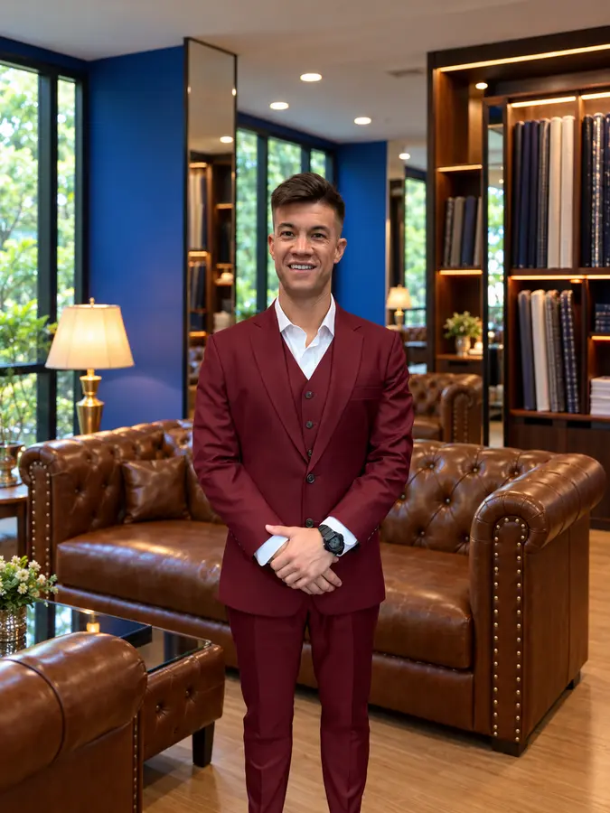 Burgundy three-piece suit from the Sawasdee customer style collection
