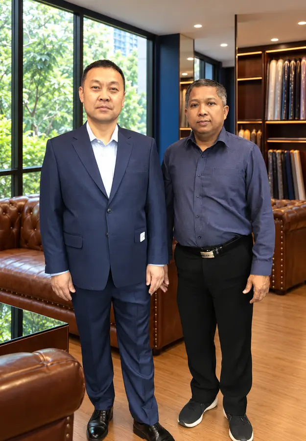 Two customers in blue and charcoal tailoring from the Sawasdee customer style collection