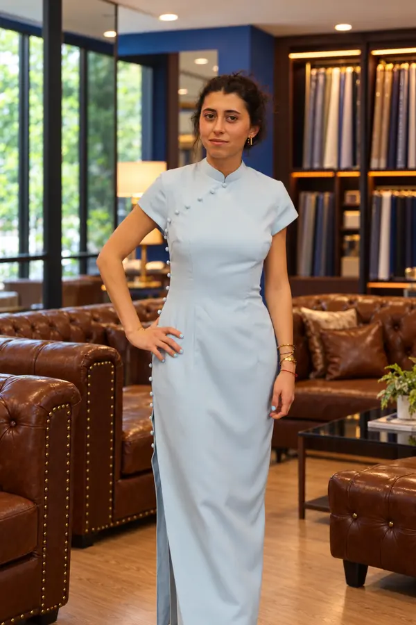 Pale-blue tailored dress from the Sawasdee customer style collection