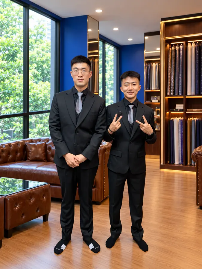 Two customers in formal dark-blue tailoring from the Sawasdee customer style collection