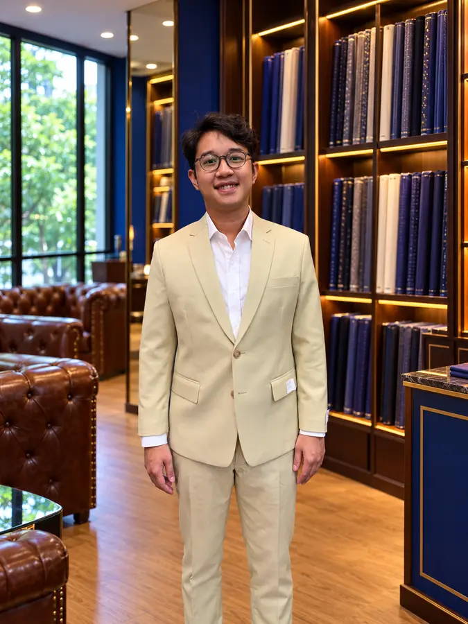 Cream double-breasted tailoring from the Sawasdee customer style collection