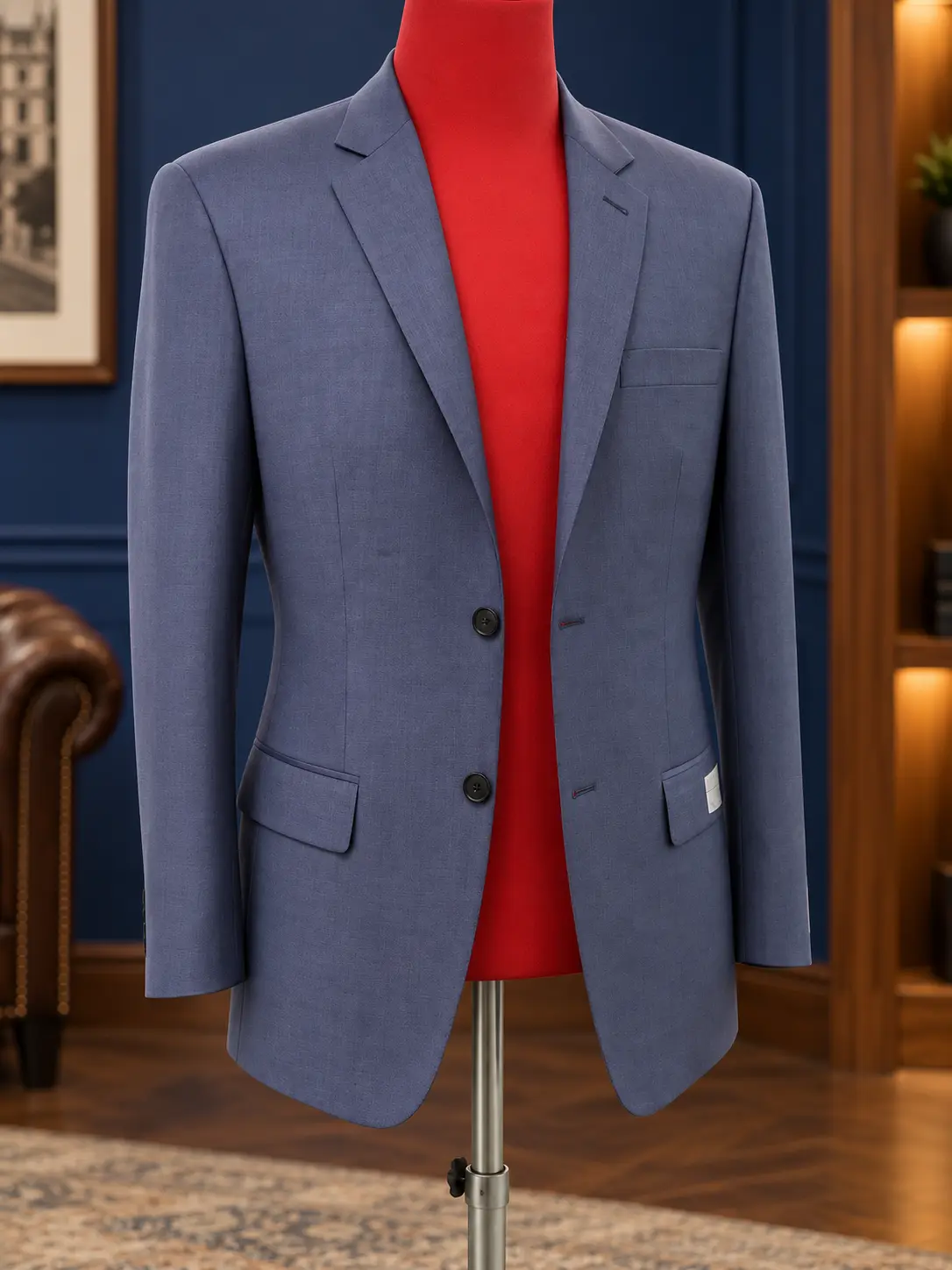 Slate-blue two-button jacket, example of Sawasdee tailoring