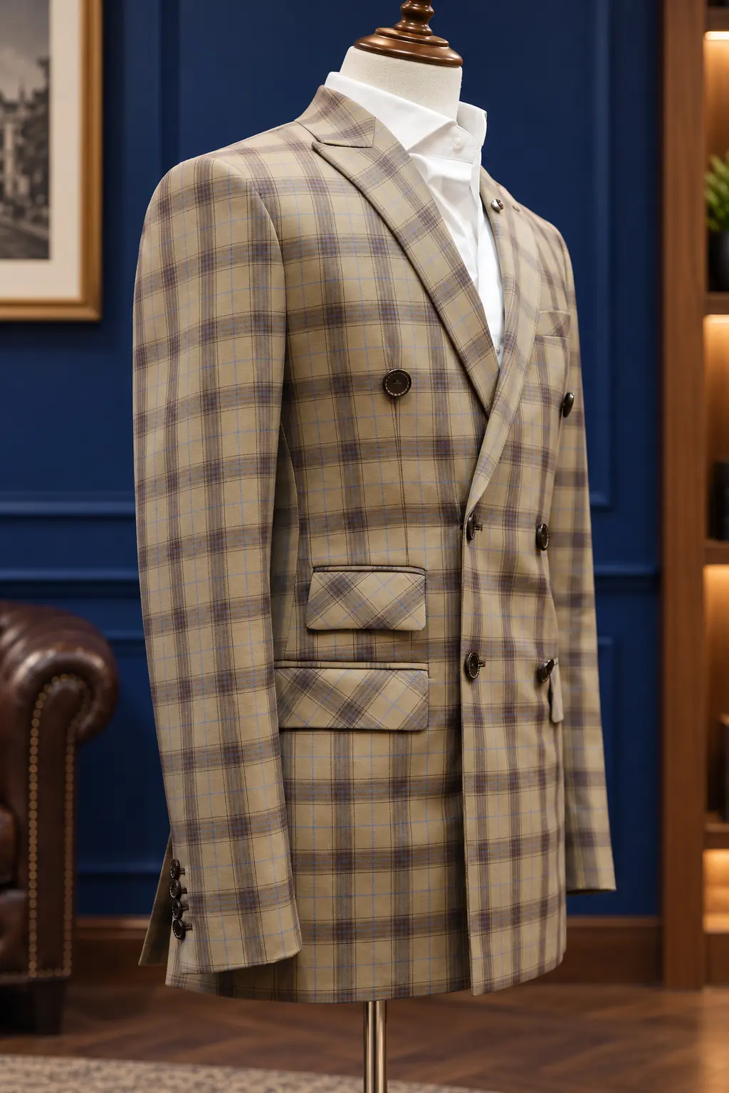Cream and blue check double-breasted jacket, example of Sawasdee tailoring
