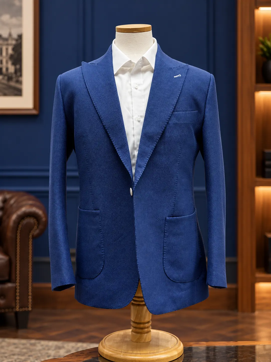 Blue micro-pattern tailored blazer, example of Sawasdee tailoring