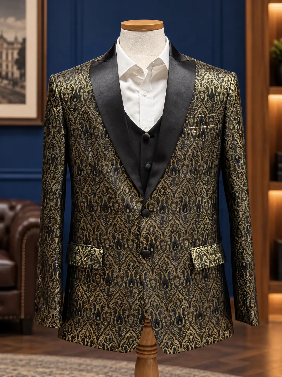 Black and gold patterned dinner jacket, example of Sawasdee tailoring