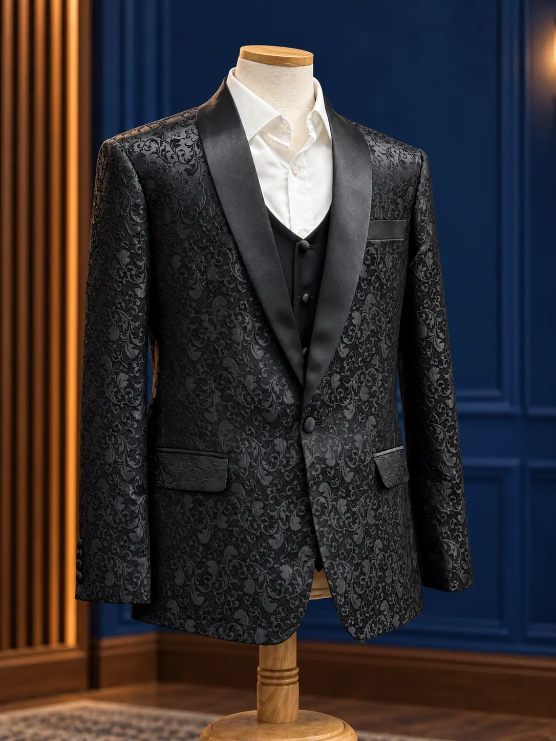 Black jacquard tuxedo, example of Sawasdee tailoring