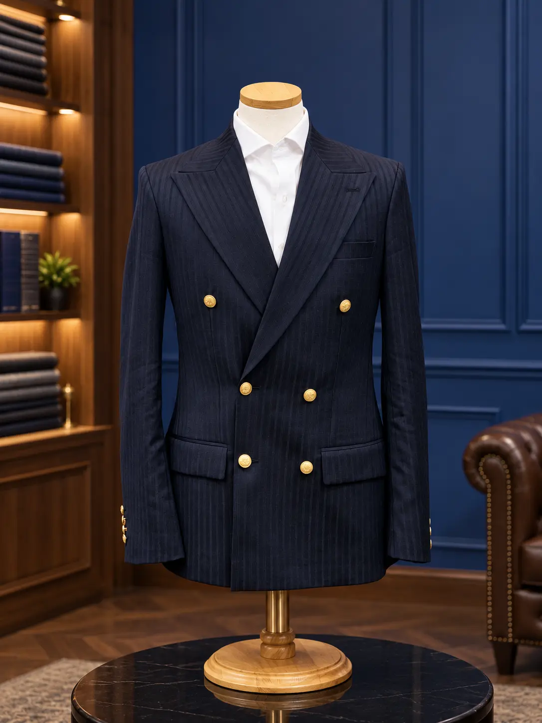 Navy pinstripe double-breasted suit, example of Sawasdee tailoring