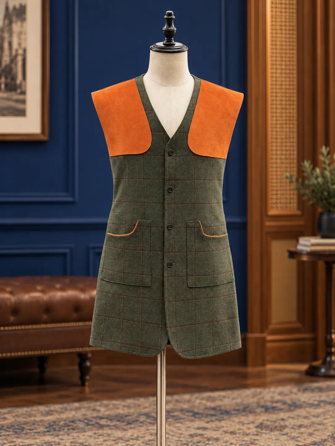 Green checked waistcoat with contrasting shoulders, example of Sawasdee tailoring