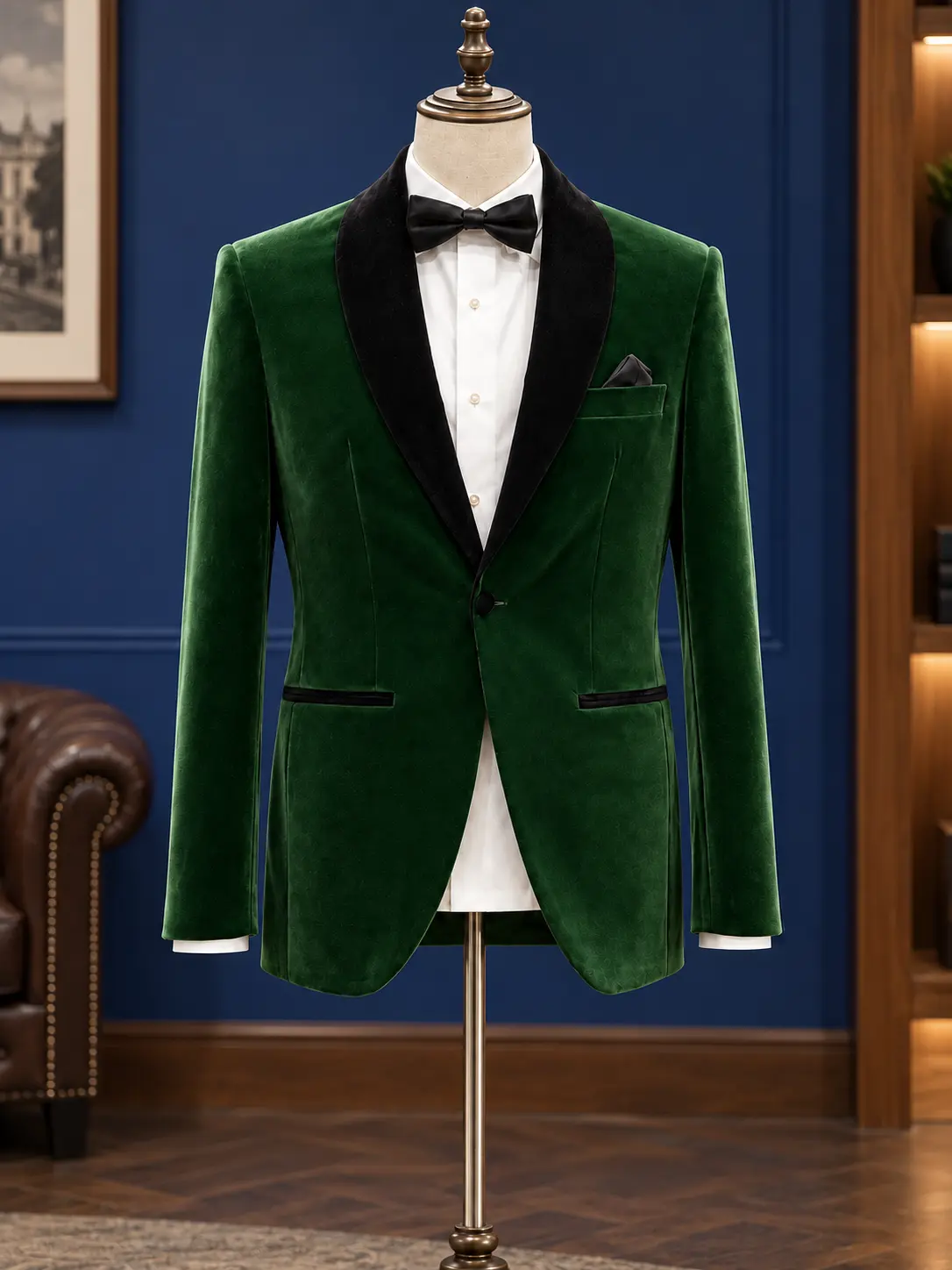 Forest-green velvet tuxedo with black satin lapels