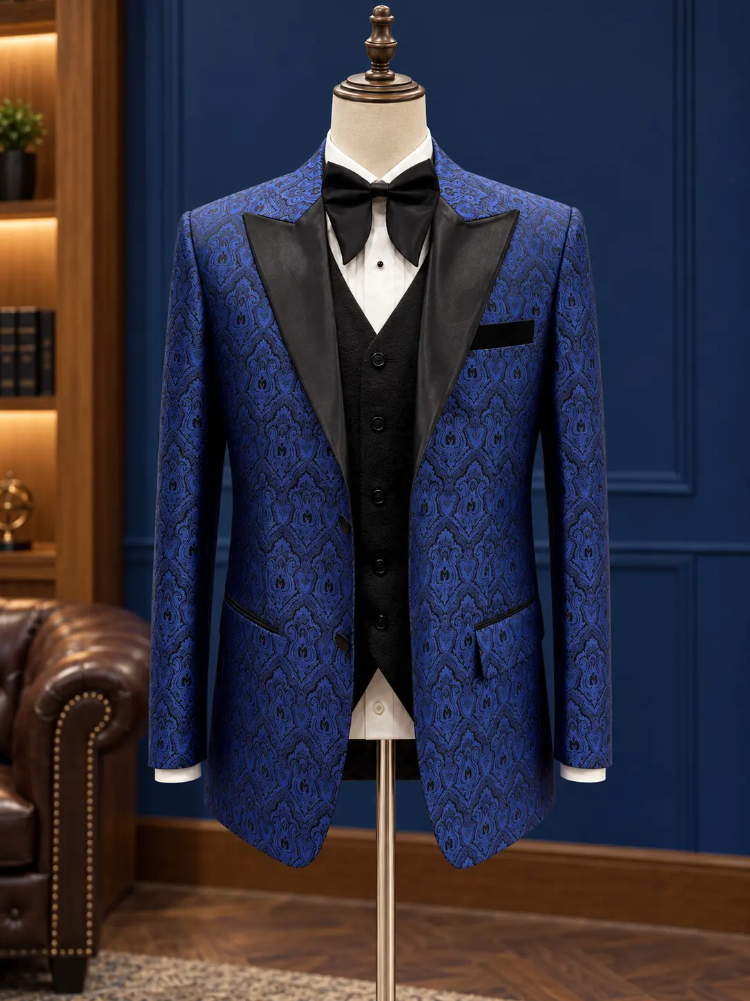 Blue patterned tuxedo with black lapels, example of Sawasdee tailoring
