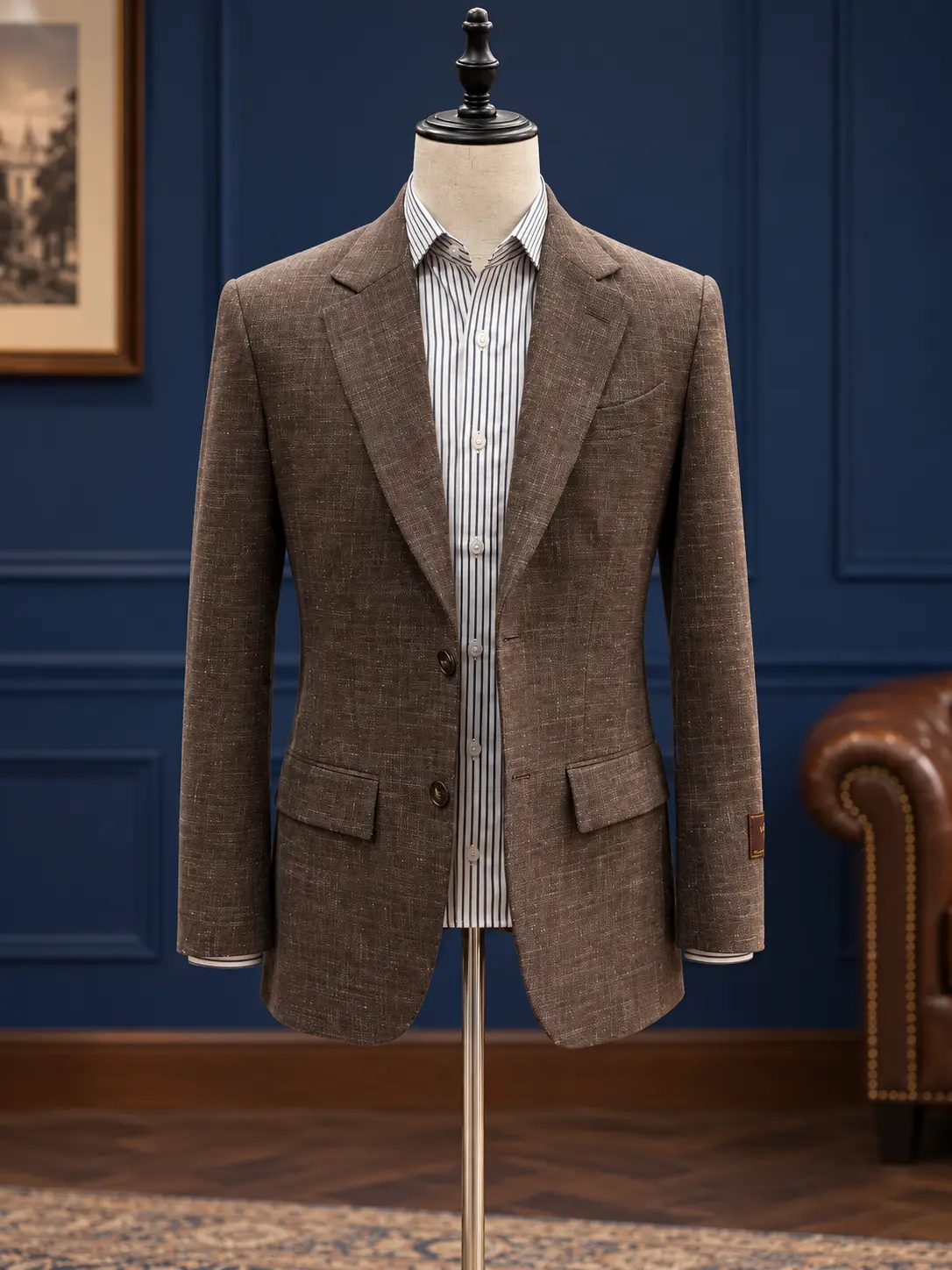 Textured taupe tailored jacket, example of Sawasdee tailoring