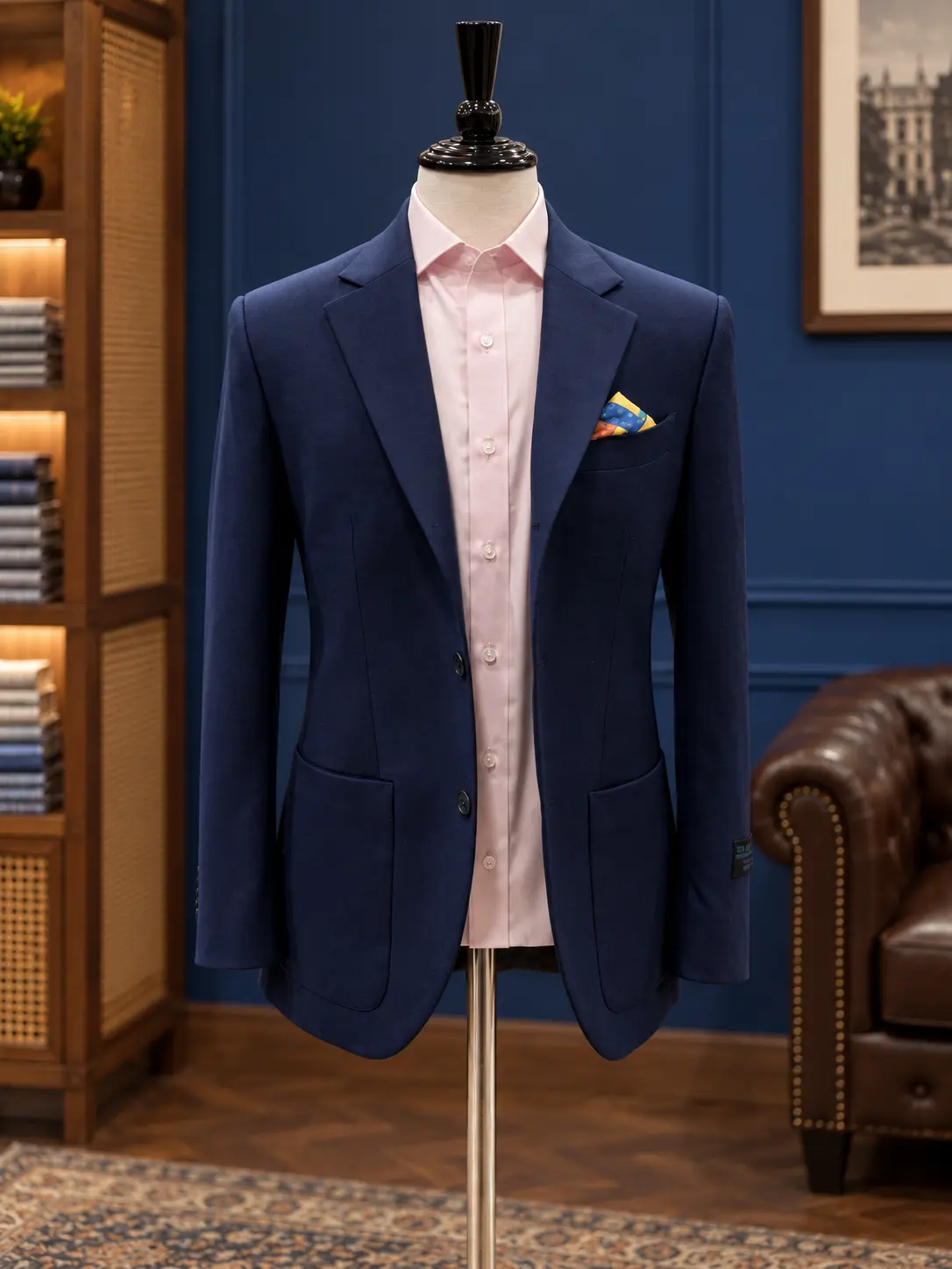Deep navy jacket with pocket-square styling, example of Sawasdee tailoring