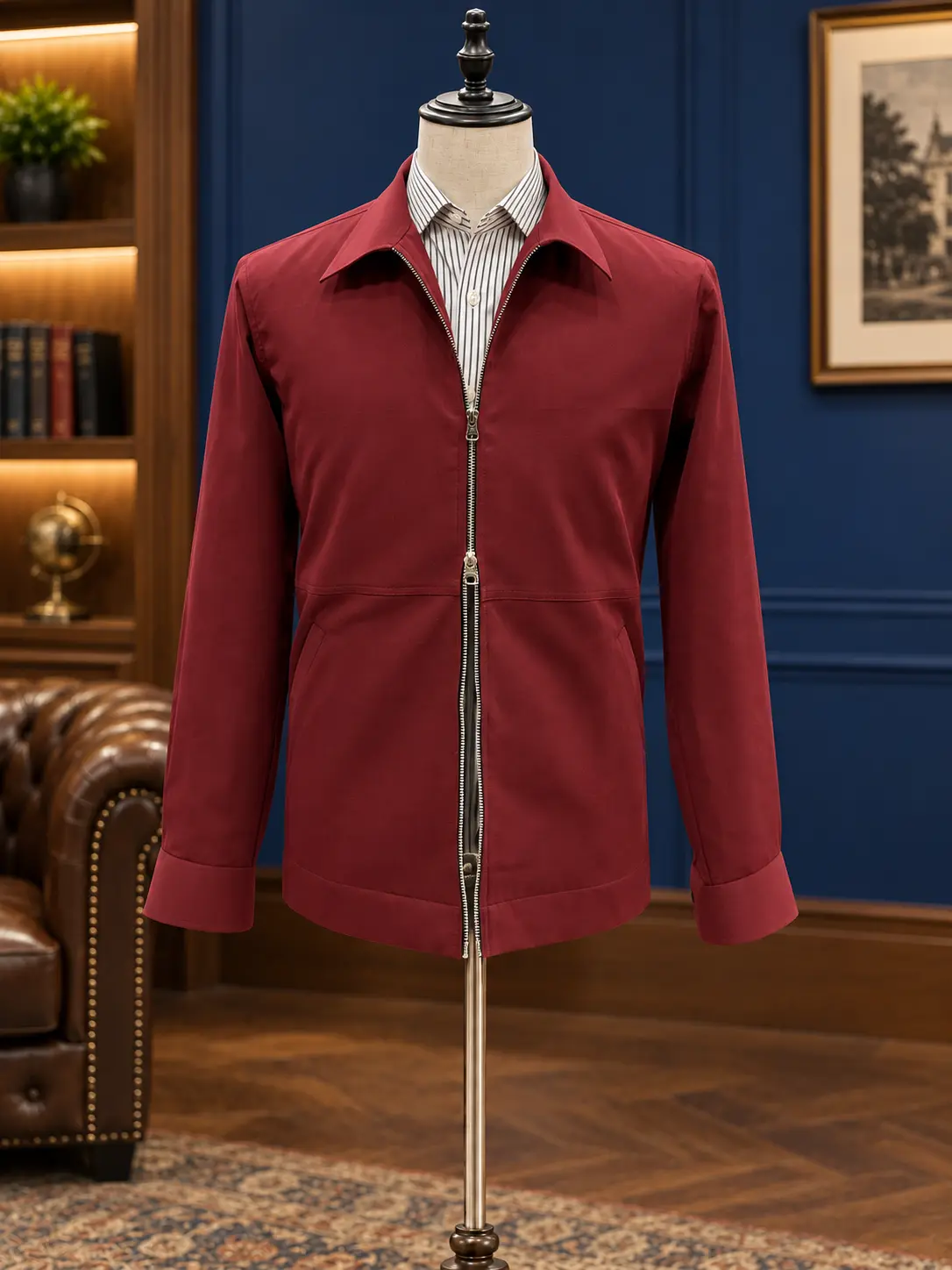 Burgundy zip-front tailored jacket, example of Sawasdee tailoring