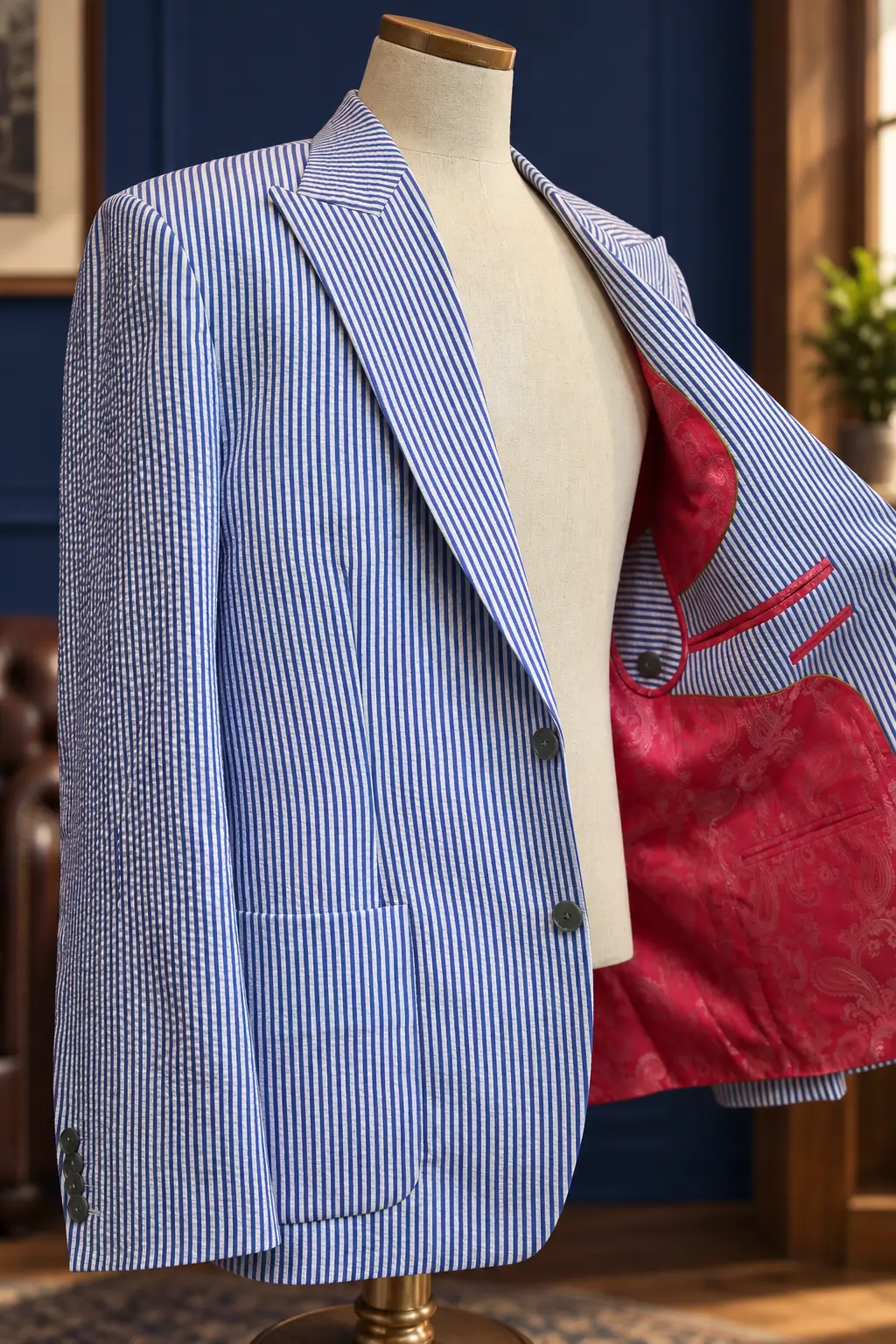 Striped jacket with statement lining, example of Sawasdee tailoring